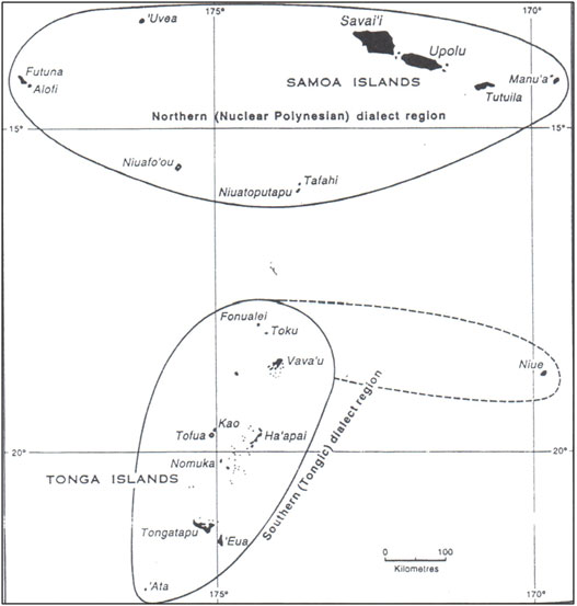 Figure 2: The northern and southern dialects of pre-Polynesian, showing the inclusion of Futuna, 'Uvea and Niuatoputapu in the Nuclear Polynesian dialect region (courtesy A. Pawley).